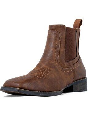 Men's Brown Cowgirl Boots Western Square Toe Ankle Chelsea Boot Faux Leather